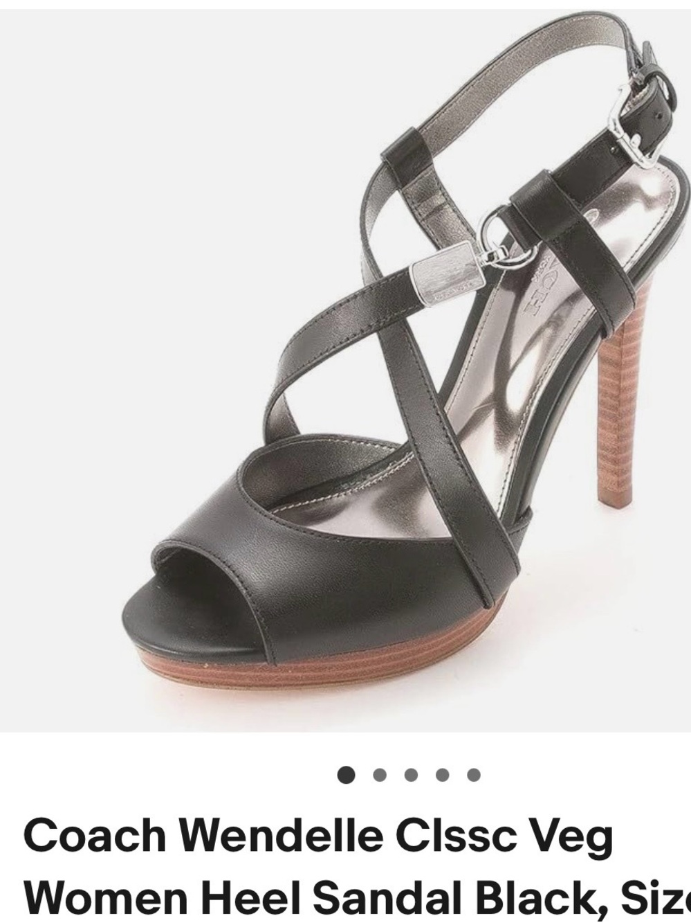 Coach Black Leather Strappy High Heel Sandal with Wood-Effect Heel